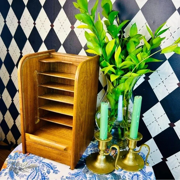 Teak Tambour Door Vintage Desktop Organizer| Recipe Card or Letter Holder - Picture 12 of 17